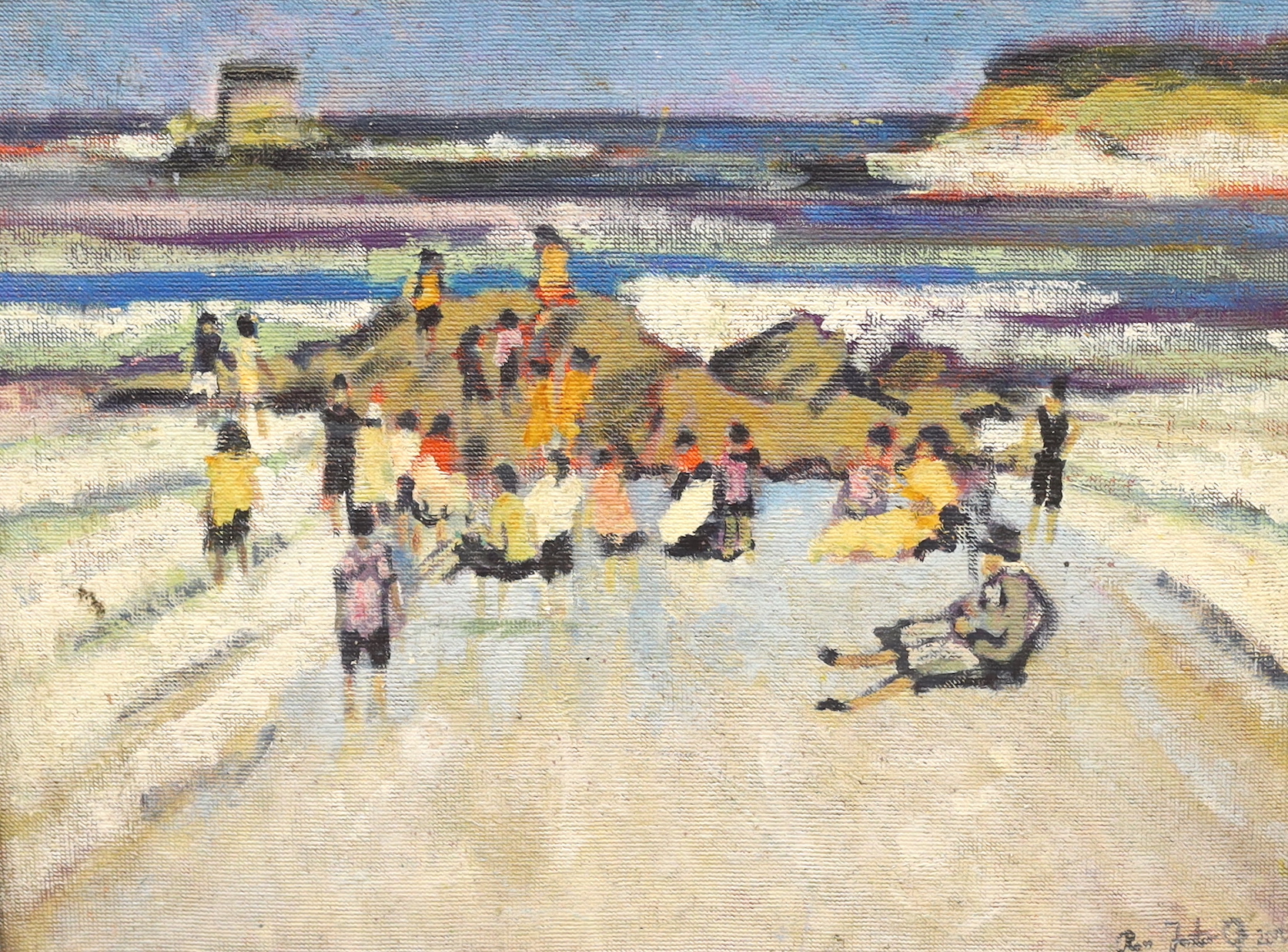 Ross Foster (Contemporary), Impressionist oil on canvas board, Beach scene with figures, signed and indistinctly dated, 55 x 70cm